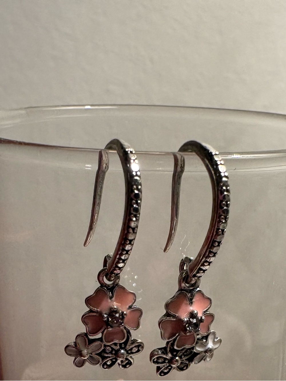 Silver Floral Pink Enamel Drop Earrings - Women Jewelry